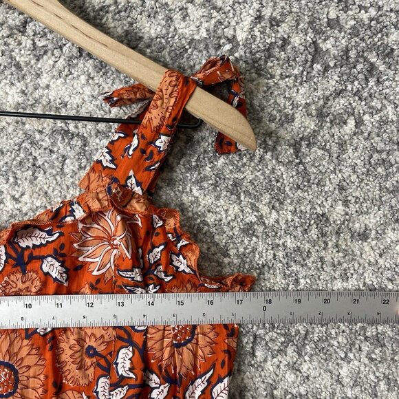 Maisie Women's 100% Cotton Orange Floral Print Smocked Back Midi Dress Sz Large - Picture 2 of 8